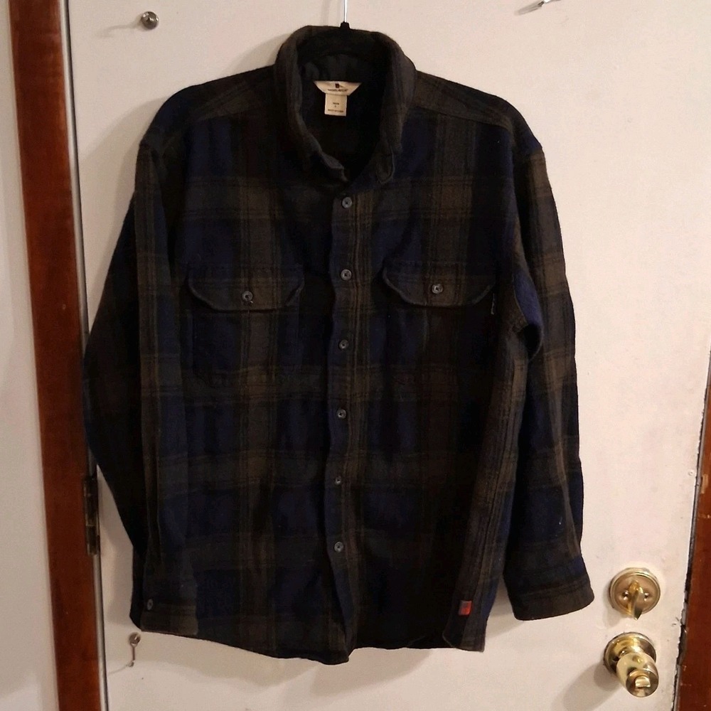 Woolrich Plaid Chore Barn Trucker Jacket Coat Navy Blue Olive Green Plaid L EUC